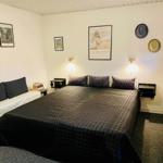 Bedroom with large bed, wall art, and nightstands with lamps.