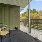 Deck with table and chairs, green wood wall, view of forest.