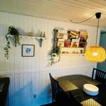 Dining room with table, chairs, and wall shelves. Ceiling light and plants are visible.
