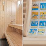 Sauna with wooden benches, steam generator, and usage rules.