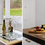 Terrace with wine and plant. Kitchen with fruit, cutting board, and flowers.
