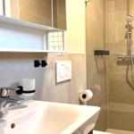 Badezimmer mit Waschbecken, Dusche und Spiegelschrank.