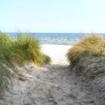 Sandweg zwischen Dünen führt zum Strand und Meer.