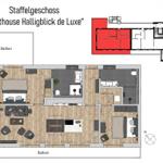 Penthouse mit Balkon, Wohnbereich, Schlafzimmer und Küche.