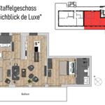 Staffelgeschoss mit Wohnbereich, zwei Schlafzimmern und Balkon. Küche und Bad sind eingerichtet.