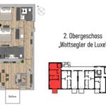Zweites Obergeschoss mit Wohn- und Schlafbereich sowie Balkon.