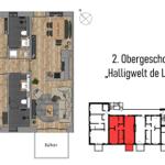 Zweites Obergeschoss mit Wohnbereich, Küche, zwei Schlafzimmern und Balkon.