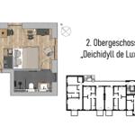 Zweites Obergeschoss mit Wohnbereich, Schlafzimmer und Bad. Lage im Gebäudeplan.