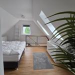 Schlafzimmer mit Dachschräge, Fenster, Bett, Schrank und Pflanze.