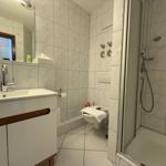 Badezimmer mit Dusche, Waschbecken und Toilette. Fliesenwand und Spiegel sichtbar.