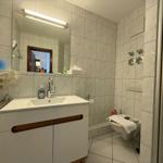 Badezimmer mit Waschbecken, Dusche und Toilette. Fliesenwand und Spiegel sichtbar.