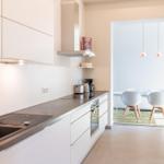 Küche mit Arbeitsplatte, Spüle und Dunstabzug. Im Hintergrund Essbereich mit Tisch und Stühlen.