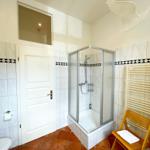 Badezimmer mit Dusche, Toilette und Heizkörper. Holzstuhl und Vogel an der Decke.