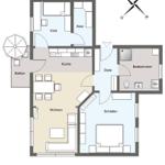 Die Wohnung hat eine Küche, Wohnen, Schlafen, Badezimmer, Kinderaufenthalt und Balkon.