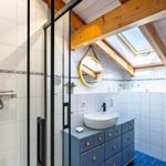 Badezimmer mit Dusche, Waschbecken und Toilette unter Holzbalkendecke mit Dachfenster.