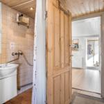 Bathroom with shower, sink, and wooden door. View into living area with wooden floor.
