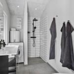 Bathroom with shower, washing machine, and towels on the wall.