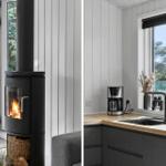 Kitchen with window and sink. Living area with wood-burning stove and seating.