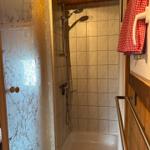 Dusche mit Duschbrause und Glaswand in Holzbad