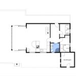 Stueplan zeigt Wohnraum, Küche, Bad und Schlafzimmer mit Maßen.