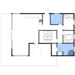 Wohnung mit Küche, drei Schlafzimmern und Bad. Flur mit Garderobe.