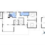 Wohnung mit Küche, Bad, drei Schlafzimmern und zwei Schuppen.