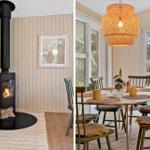 Kamin im Wohnbereich mit Holzstapel. Essbereich mit Tisch, Stühlen und Hängelampe.