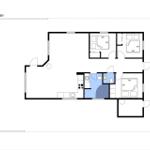 Stueplan zeigt drei Schlafzimmer, Küche und Bad mit Möbeln.