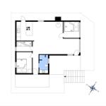 Wohnung mit Küche, Schlafzimmer und Bad. Raumübersicht mit Maßen.