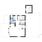 Wohnung mit Küche, Bad und drei Schlafzimmern. Raumplan mit Orientierung.