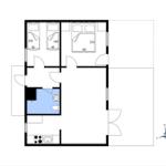 Drei Schlafzimmer, Küche und Bad im Grundriss.