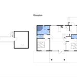 Floor plan shows living areas, bedrooms, bathroom, and kitchen.