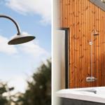 Außen-Dusche an Holzhaus mit Whirlpool im Hintergrund