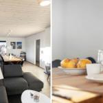 Living and dining area with sofa, table, and bread. Wooden ceiling and bright ambiance.