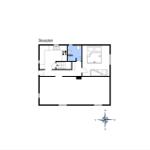 Floor plan shows kitchen, bedroom, and bathroom with dimensions.