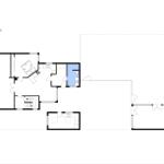 Stueplan zeigt Wohn- und Schlafzimmer, Küche, Bad und Terrasse mit Kompass.