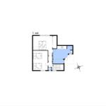 Erdgeschoss-Plan mit Schlafzimmer, Küche und Bad.