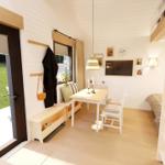 A room with a table, chairs, TV, and sleeping area. A clock and pictures hang on the wall.