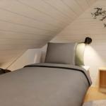 Bedroom with sloped ceiling, bed, nightstand, and plant.