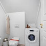 Bathroom with toilet, washing machine, and towel hook on the wall.