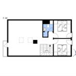 Second floor with two bedrooms, bathroom, and staircase to first floor.