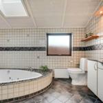 Bath with whirlpool, toilet, and sink. Window and skylight provide daylight.