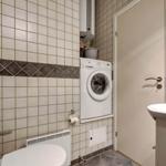 Bathroom with washing machine, toilet, and sink against the wall