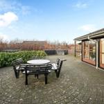 Terrace with table and chairs, paved, surrounded by hedge and garden.
