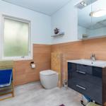 Badezimmer mit Toilette, Waschbecken und Fenster. Holzwand und Spiegelschrank.
