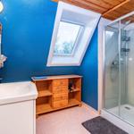 Badezimmer mit Dusche, Waschbecken und Dachfenster. Blaue Wände und Holzelemente.