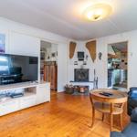 Wohnzimmer mit Holzboden, Fernseher, Kamin und Blick in Küche und Schlafzimmer.