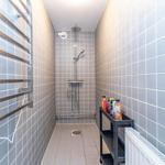 Dusche mit Duschbrause, Handtuchhalter und Regal mit Badartikeln.