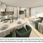 Modern eingerichtetes Wohnzimmer mit Essbereich und Küche. Grüner Sofa, Holzboden und Fenster.