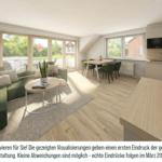 Wohn- und Essbereich mit grünem Sofa, Holzboden und Fenstern. Küche im Hintergrund.